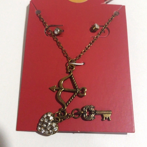 Bronze Cupid Bow Necklace with Heart & Key Charms | Earrings Set Women's Jewelry - Picture 3 of 8
